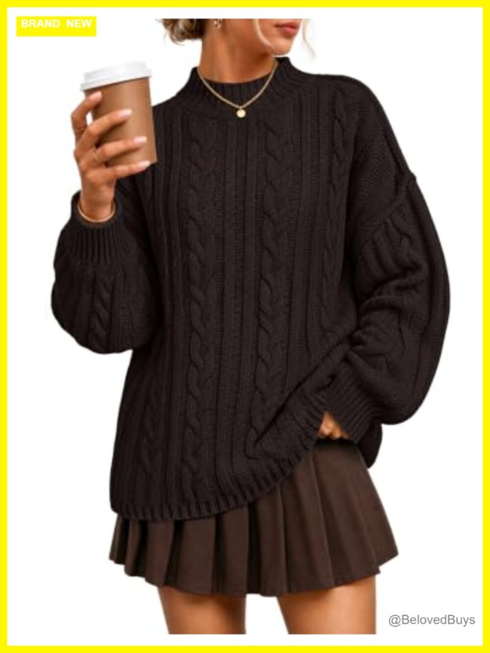 Oversized Mock Neck Cable Knit Pullover Sweater Drop Shoulder
